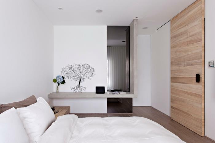 valkoinen makuuhuone minimalistinen puu aksentti sisustusideoita