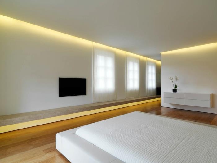 valkoinen makuuhuone minimalistinen led -valaistus sisustusideoita