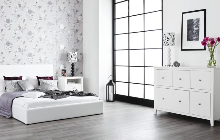 valkoinen makuuhuone moderni sänky viileä seinämaalaus tapetti kynttilän kukat