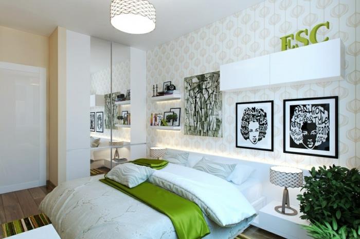 valkoinen makuuhuone valkoinen kaapit kasvi värillinen matto