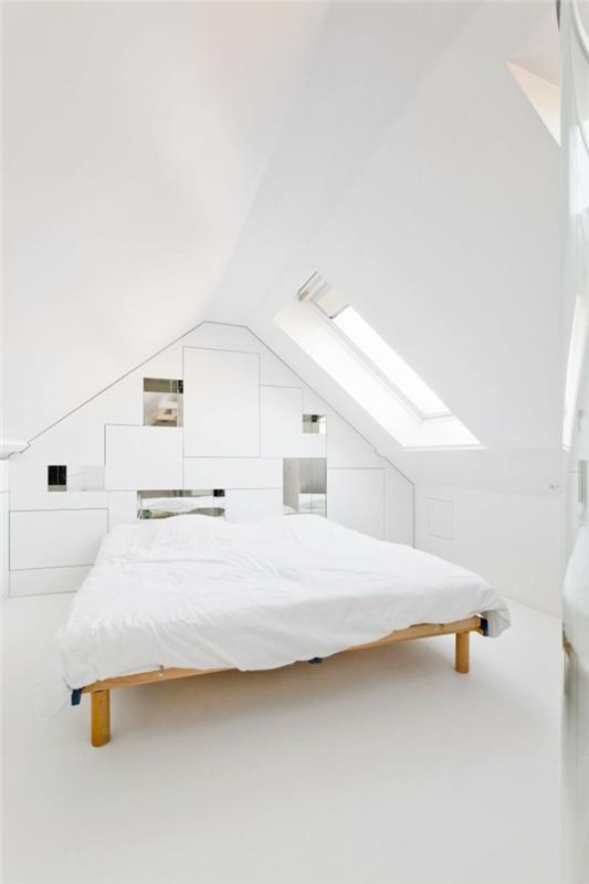 valkoinen makuuhuone valkoinen lattia minimalistinen
