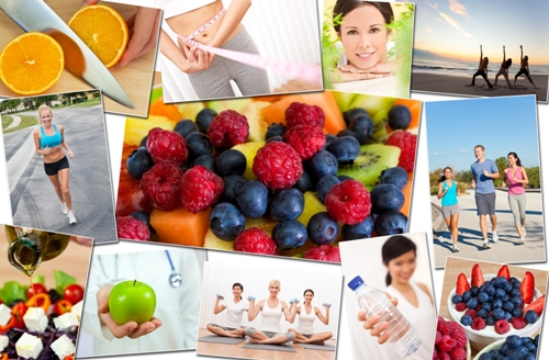 træning på stranden, yoga, jogging og løbende sund mad, frugt & amp; grøntsager