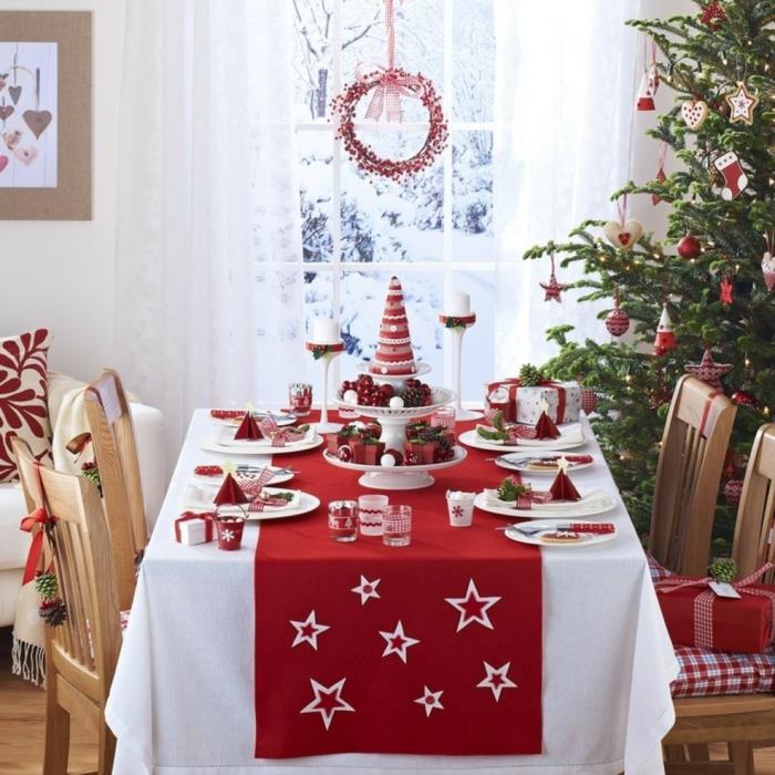 Joulupöydän sisustusideoita juhlapöydän koristeluun punainen pöytäjuoksija