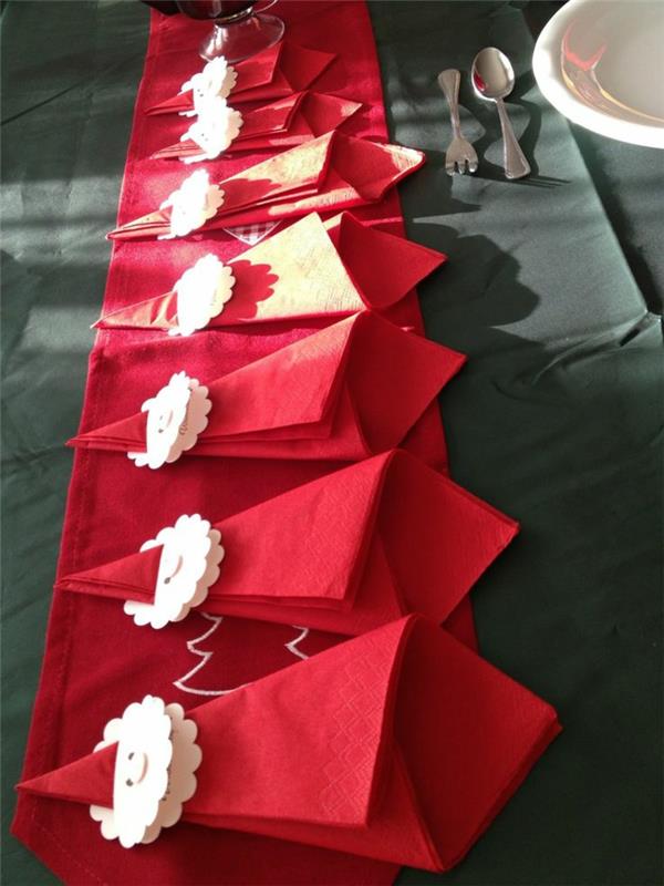 Joulupöydän sisustusideat taita punaiset lautasliinat Nicholas tinker