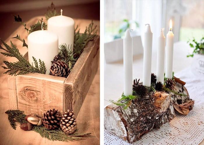 joulupöydän koristelu puu valkoiset kynttilät