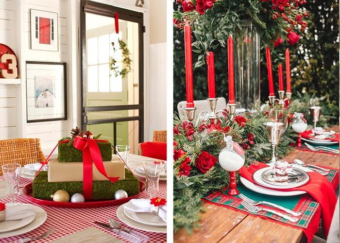 joulupöydän koristeet punaiset aksentit juhlatunnelma