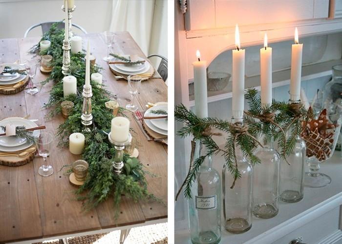 joulupöydän koristeet kuusen oksat kynttilänjalka