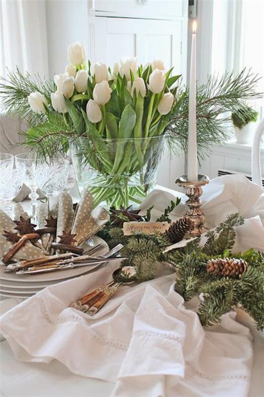 joulukoristeita tinker pöydän sisustusideoita tulppaanien valkoisella