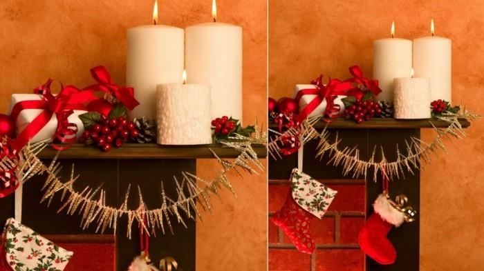 joulukoristeet diy ideoita valkoiset kynttilät joulukoristeet takkalevy