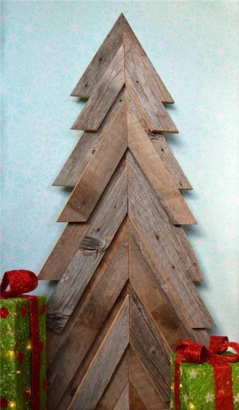 Joulukoristeita ideoita tehdä joulukuusi itse puiset lankut seinä koristelu joulukuusi