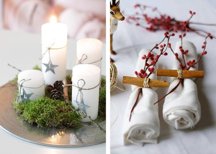Joulupöydän koristelu yksinkertaisia ​​ideoita kanelitangolla, marjoilla ja sammalilla
