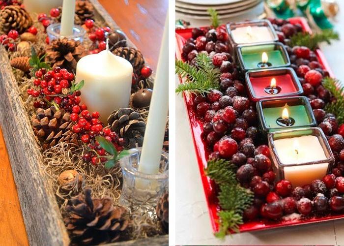 joulupöydän koristelu koristele joulupöytä männynkäpyillä, punaisilla marjoilla ja kynttilöillä