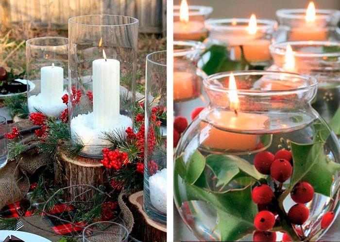 joulupöydän koristelu pöydän sisustusideoita valkoiset pylväskynttilät kelluvat kynttilät kuusenvihreä