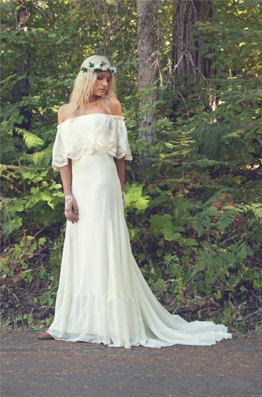 valkoinen hääpuku boho -tyylillä pitkät vaaleat hiukset