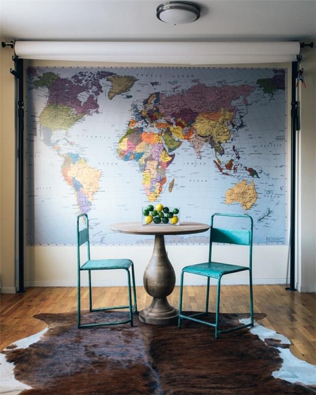maailmankartan seinä epätavallinen seinän koristelu pieni ruokailutila turkismatto