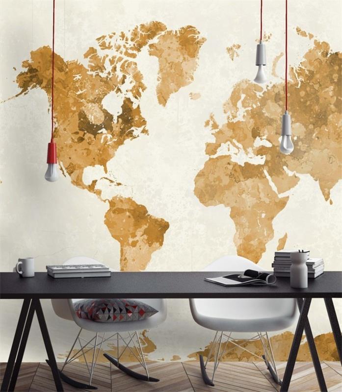 maailmankartta seinä epätavallinen valokuvatapetti moderni ruokailutila kultainen aksentti