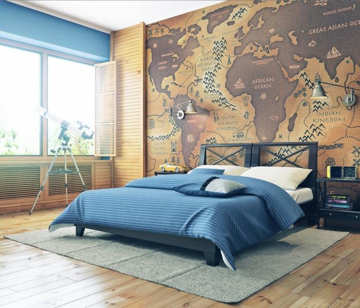 maailmankartta seinä makuuhuoneen seinän suunnitteluideoita harmaa matto lattia puu näyttää