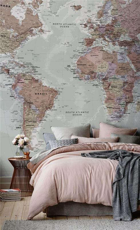 maailmankartta seinäseinäkoriste makuuhuone makuuhuone eteinen lattia harmaa matto juoksija