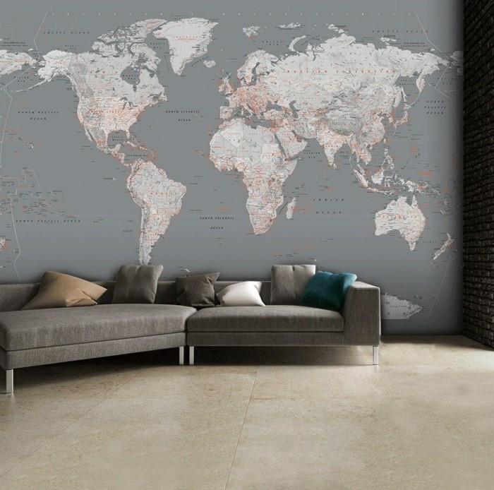 maailmankartta seinä olohuone tiiliseinä vaaleat lattialaatat
