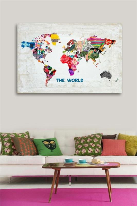 maailmankartta seinän suunnittelu olohuone seinämaalaus sohva heitotyynyt