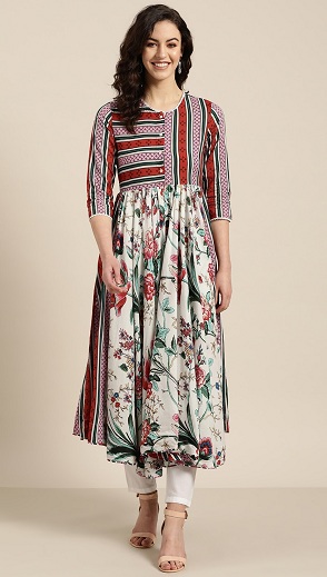 Trykt hvidt Anarkali Kurti