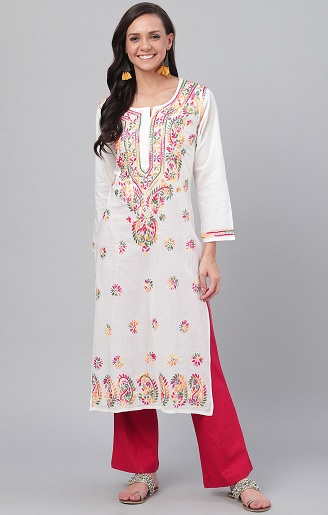 Fehér Chikankari hímzett Kurti