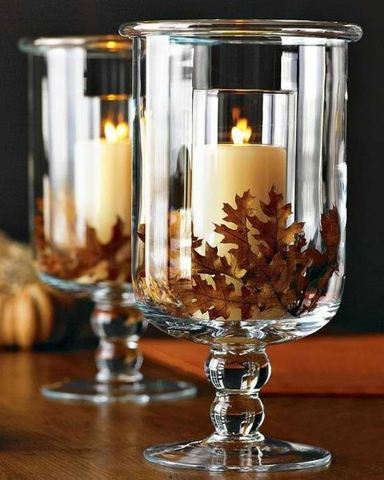 lyhty kynttilä tammi lehdet syksy koristelu lasissa