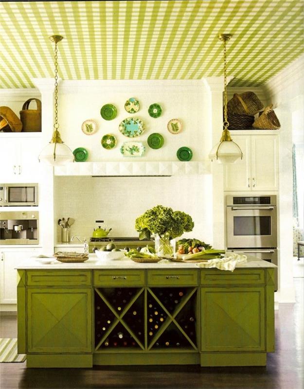 koristele seinät sisustusideoita keittiö korosta vihreää keittiösaarta