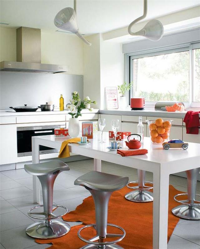 maalaus seinät ideoita tuore keittiö oranssi matto moderni baarituoli
