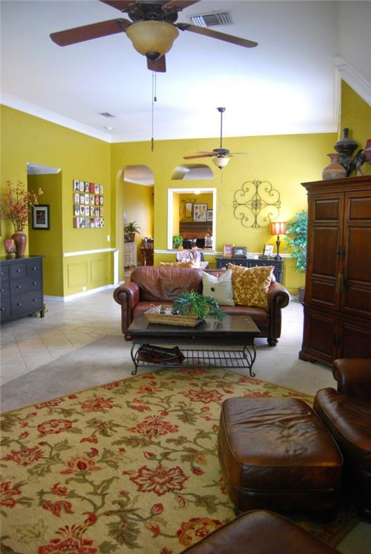 maalaus seinät ideoita keltainen seinämaali olohuone kukka matto kuvio