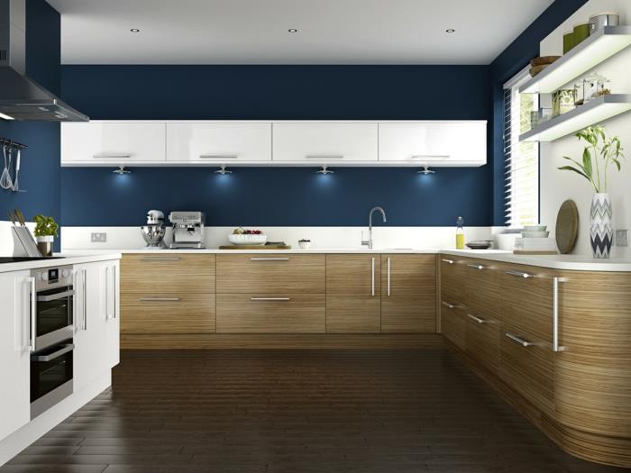 seinämaali keittiömaalaus seinät ideat keittiökalusteet sininen seinämaali kauniit keittiökaapit puun rakenne