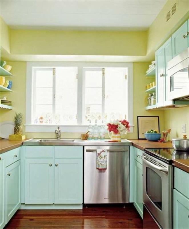 maalaus seinät ideoita keittiö keltaiset seinät vaaleanvihreä keittiökaapit