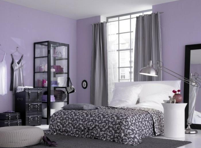 maalaus seinät ideoita makuuhuone vaalean violetti harmaa matto