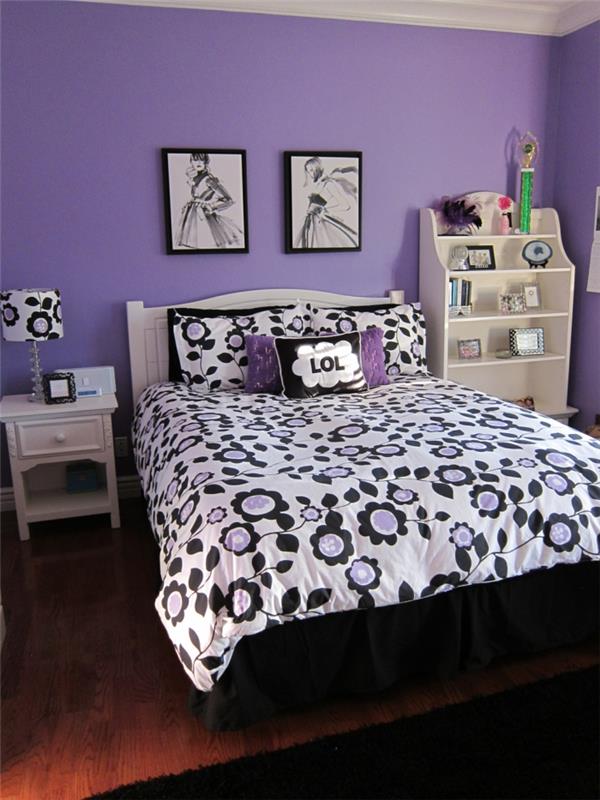 maalaus seinät ideoita makuuhuone violetti seinät värillinen vuodevaatteet