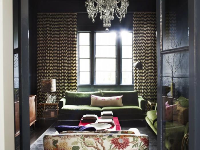 maalaus seinät ideoita olohuoneen suunnittelu verhot vihreä huonekalut kukka kuvio