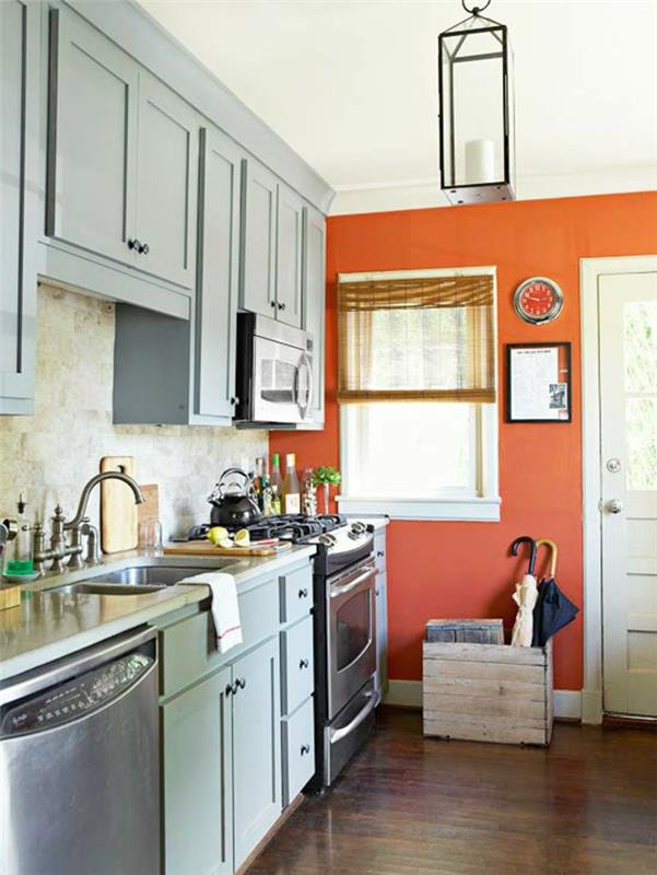 maalaa seinät ideoita keittiö oranssi aksentti seinä perustaa pieni keittiö