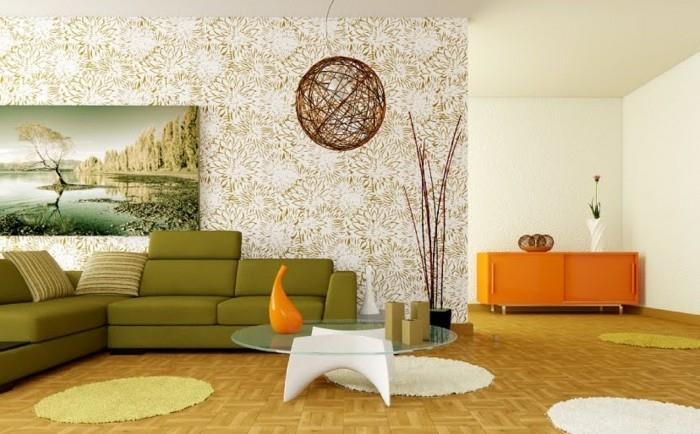 olohuoneen sisustusideoita kodin sisustusideoita retro olohuoneen sisustus vihreä sohva pyöreitä mattoja