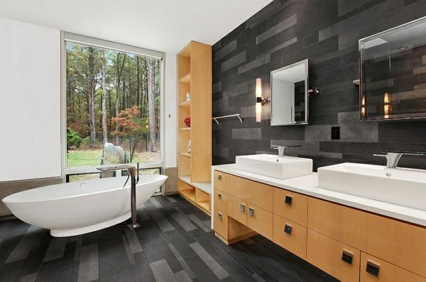 eläviä ideoita kylpyhuoneen seinän suunnittelu lattia kylpyhuoneen huonekalut puusta