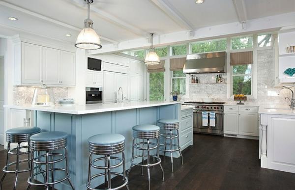 sininen ja valkoinen keittiö design keittiö saari baarituoli