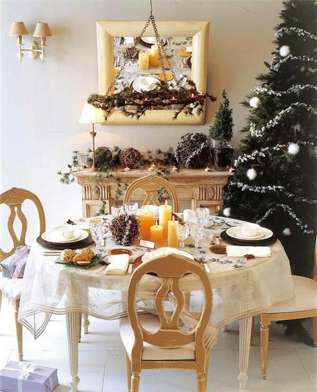 eläviä ideoita ruokasali ruokapöytä koristavat kynttilät joulukuusi