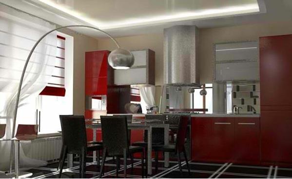 design ruokasali punainen keittiö modernit valot