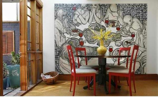 ruokasali moderm -seinätaide punaiset tuolit