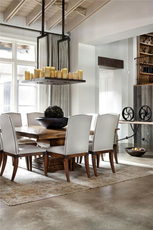 eläviä ideoita ruokasali tyylikkäät tuolit maalaismainen ruokapöytä matto