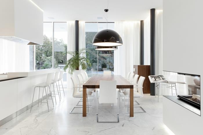 olohuone ideoita ruokasali valkoiset tuolit lattialaatat kasvi aksentti puu