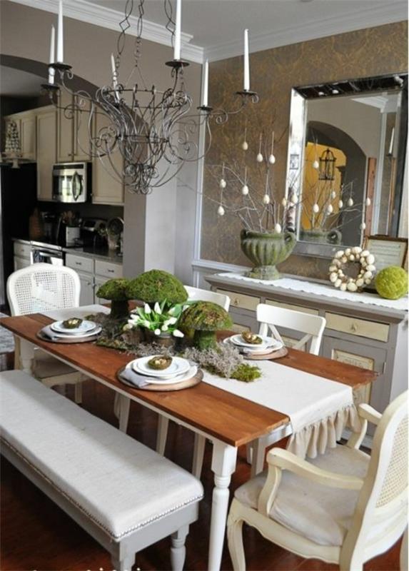 ruokasalin suunnittelu puinen pöytä valkoiset tuolit penkki peili