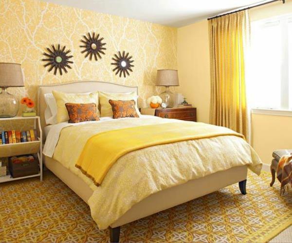 väriideoita makuuhuoneen keltaisen suunnittelun sängyn taustakuvia