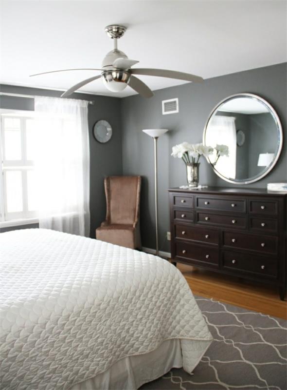 väriideat makuuhuone harmaa seinä design pukeutuja sänky