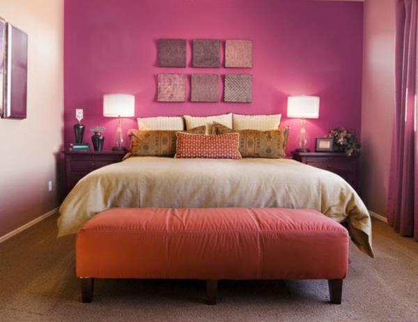 väriideat makuuhuone vaaleanpunainen seinä design sänky penkki sänky