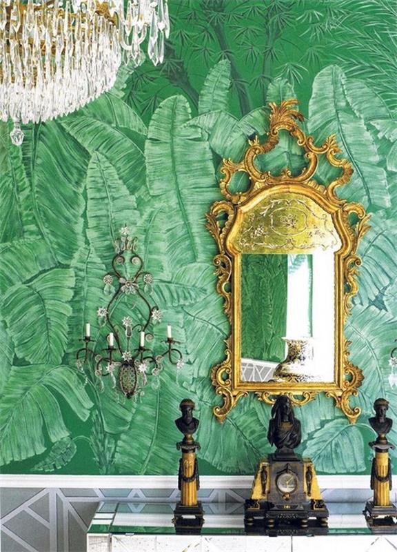 elävät ideat vihreä smaragdinvihreä seinä tapetti kuvio palmujen kullat