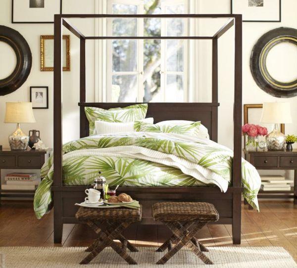 eläviä ideoita makuuhuoneessa vihreä vuodevaatteet palmukuvio